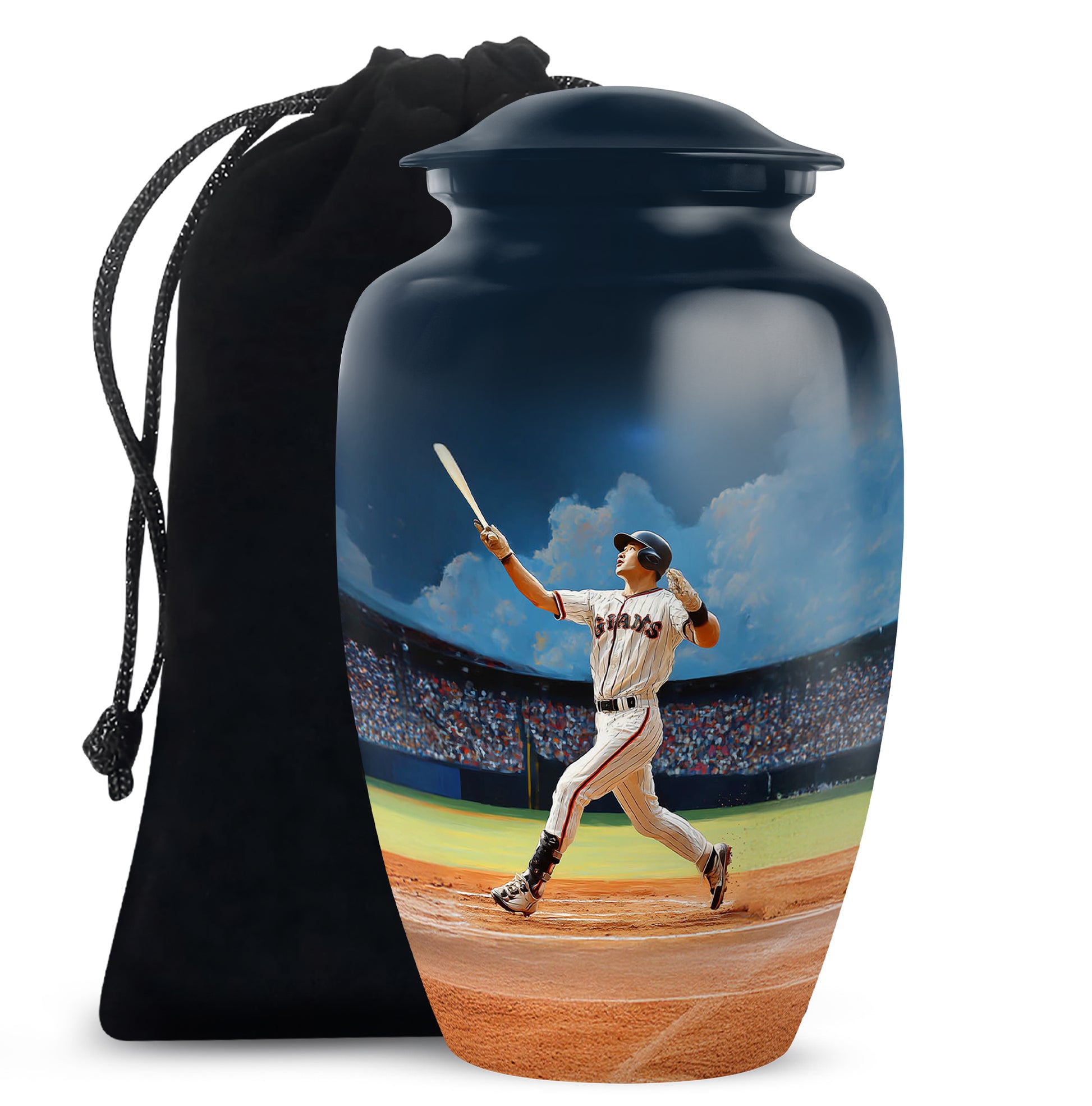 Soft Blue Baseball Cremation Urn angled view of lid and engraved motif - elegant classic baseball relief with fine detailing - full-size 10 inch 200 cubic inch adult cremation urn