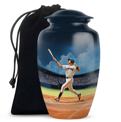 Soft Blue Baseball Cremation Urn angled view of lid and engraved motif - elegant classic baseball relief with fine detailing - full-size 10 inch 200 cubic inch adult cremation urn
