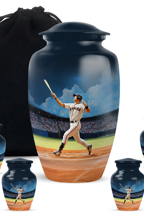 Calming Blue Baseball Cremation Urn top-down view of secure threaded lid - traditional baseball engraving with hand-polished finish - memorial set with one large and four small urns