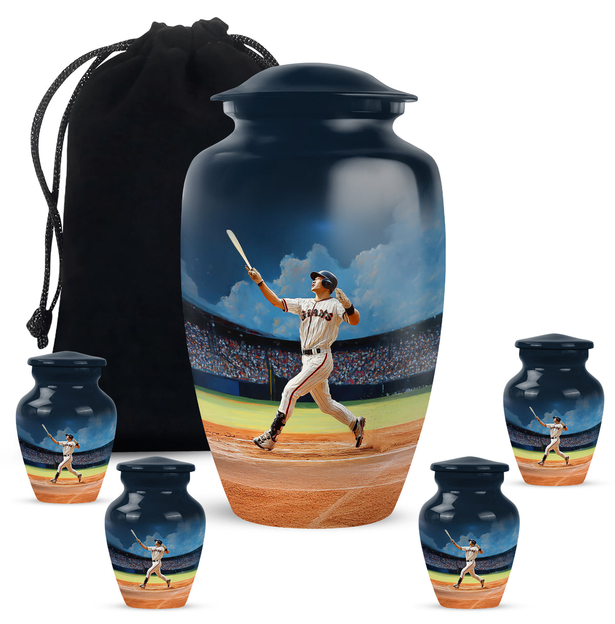 Calming Blue Baseball Cremation Urn top-down view of secure threaded lid - traditional baseball engraving with hand-polished finish - memorial set with one large and four small urns