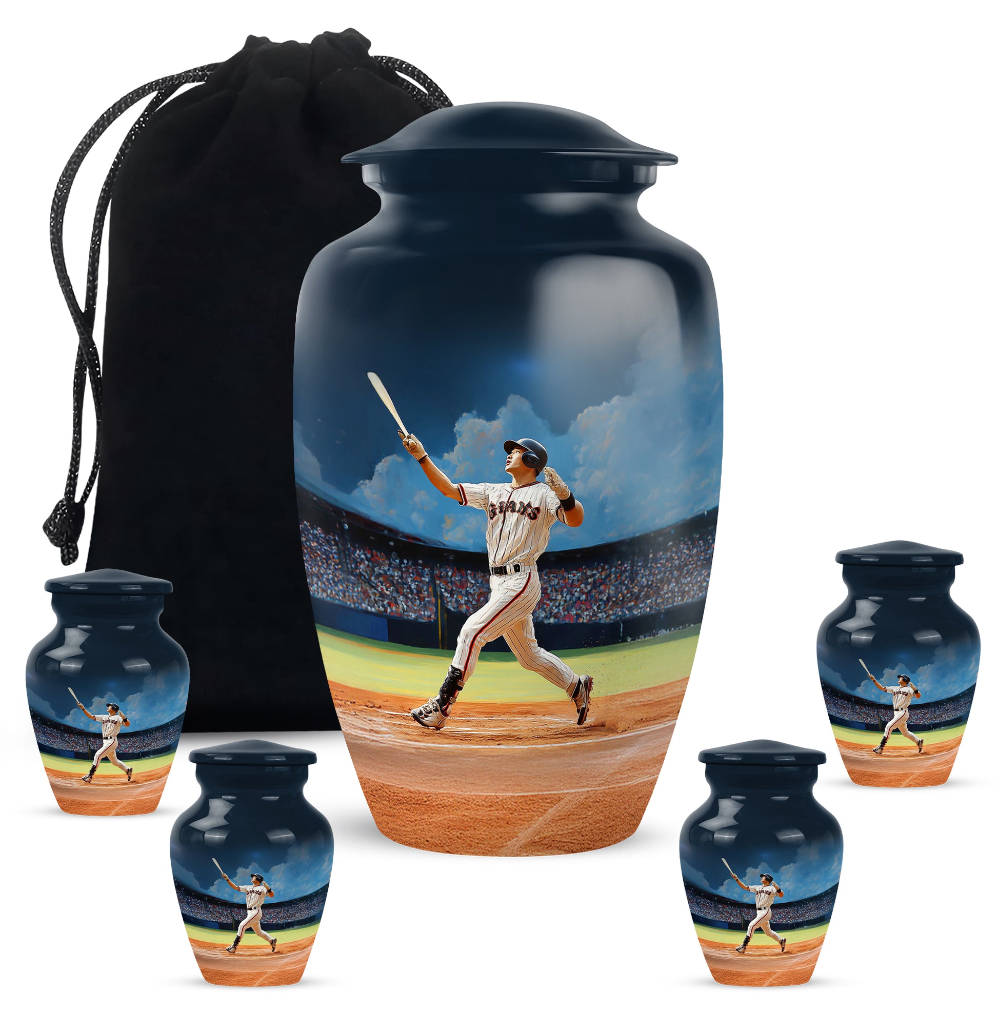 Calming Blue Baseball Cremation Urn top-down view of secure threaded lid - traditional baseball engraving with hand-polished finish - memorial set with one large and four small urns
