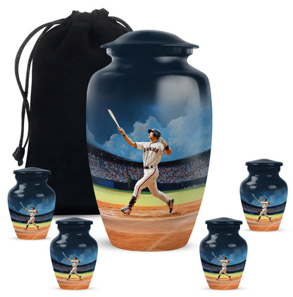 Calming Blue Baseball Cremation Urn top-down view of secure threaded lid - traditional baseball engraving with hand-polished finish - memorial set with one large and four small urns