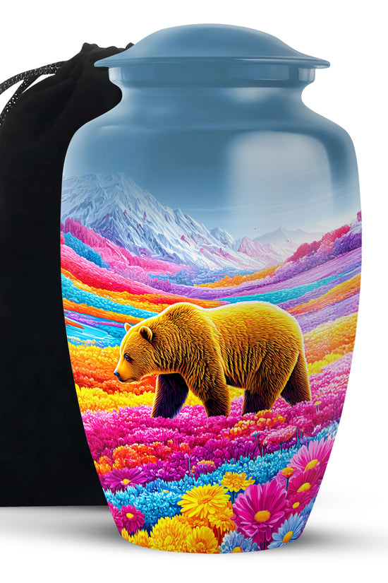Brown Bear Funeral Urn - Colorful Flower Field Memorial Urn For Human Ashes