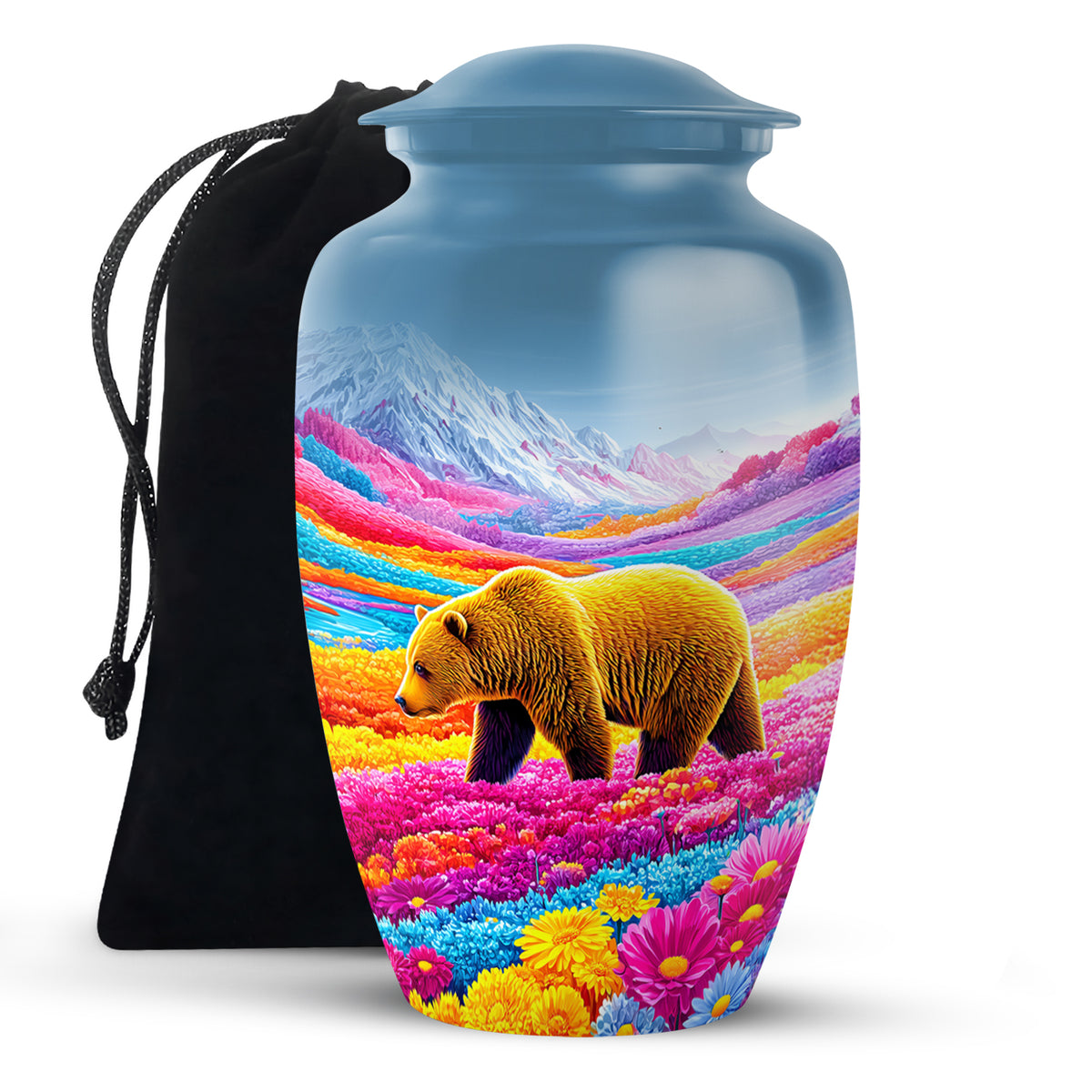 Brown Bear Funeral Urn - Colorful Flower Field Memorial Urn For Human Ashes