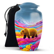 Brown Bear Funeral Urn - Colorful Flower Field Memorial Urn For Human Ashes