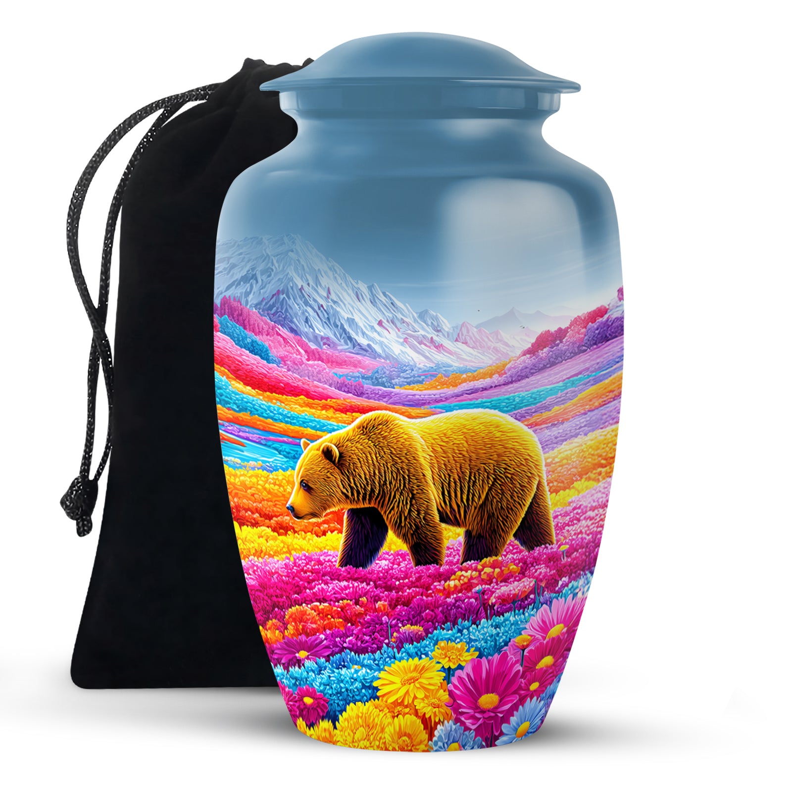 Brown Bear Funeral Urn - Colorful Flower Field Memorial Urn For Human Ashes