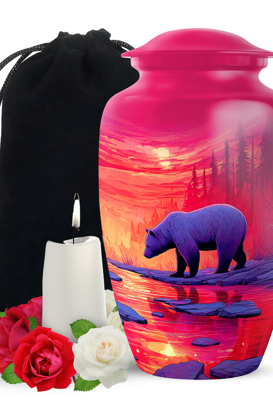 Red Sunset Bear Cremation Urn - Forest Landscape Urn For Loved Ones