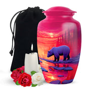 Red Sunset Bear Cremation Urn - Forest Landscape Urn For Loved Ones