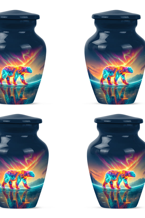 Vivid Blue Bear Cremation Urn side profile showing urn shape - traditional bear engraving with hand-polished finish - 10 inch aluminum urn for cremated remains