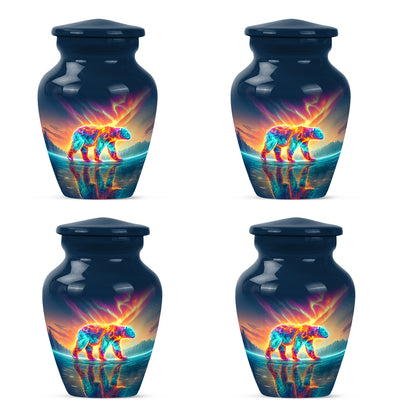 Vivid Blue Bear Cremation Urn side profile showing urn shape - traditional bear engraving with hand-polished finish - 10 inch aluminum urn for cremated remains