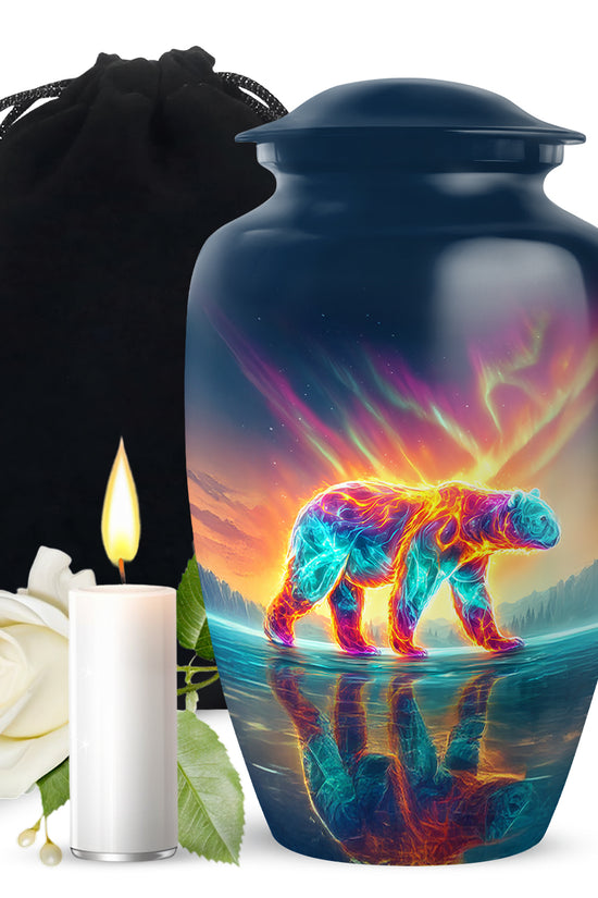 Azure Bear Cremation Urn angled view of lid and engraved motif - classic sculpted bear pattern on smooth aluminum - full-size 10 inch 200 cubic inch adult cremation urn