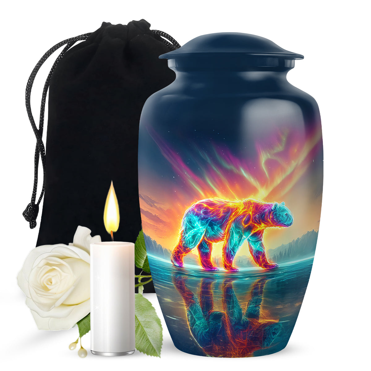 Azure Bear Cremation Urn angled view of lid and engraved motif - classic sculpted bear pattern on smooth aluminum - full-size 10 inch 200 cubic inch adult cremation urn