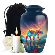Azure Bear Cremation Urn angled view of lid and engraved motif - classic sculpted bear pattern on smooth aluminum - full-size 10 inch 200 cubic inch adult cremation urn
