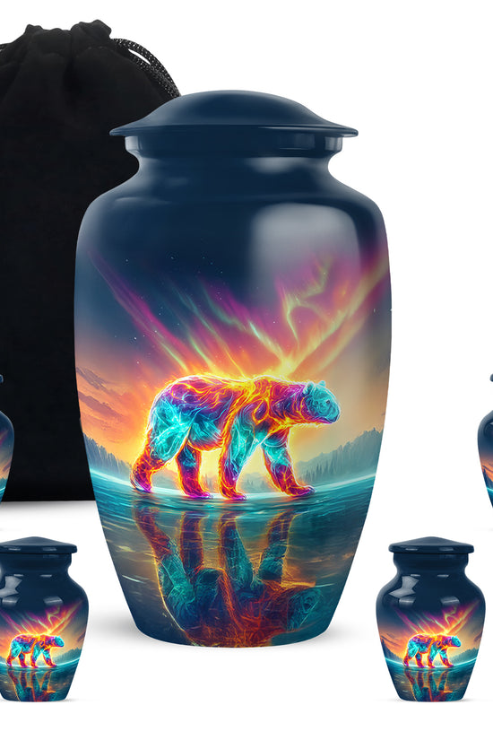 Sapphire Blue Bear Cremation Urn top-down view of secure threaded lid - traditional bear engraving with hand-polished finish - memorial set with one large and four small urns