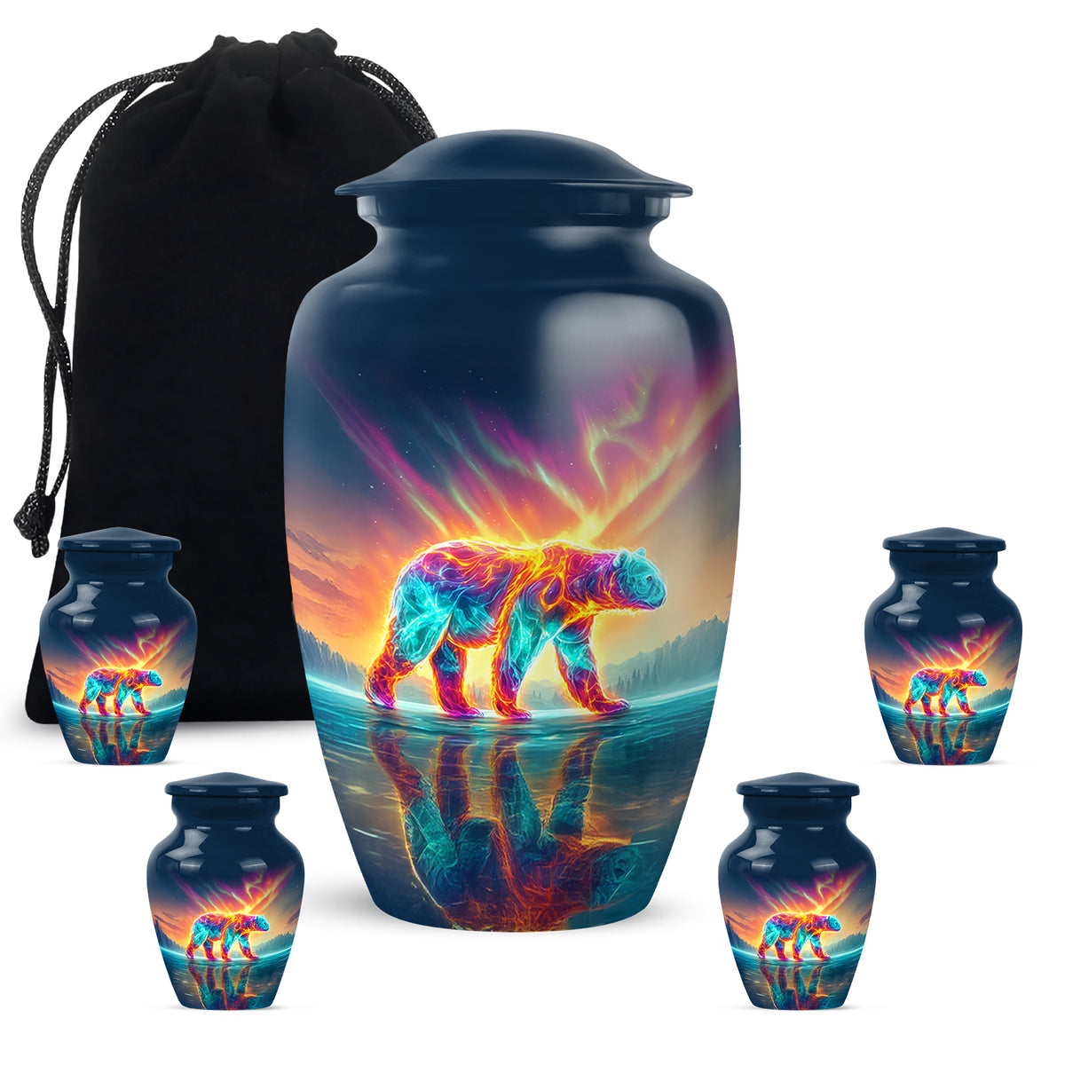 Sapphire Blue Bear Cremation Urn top-down view of secure threaded lid - traditional bear engraving with hand-polished finish - memorial set with one large and four small urns