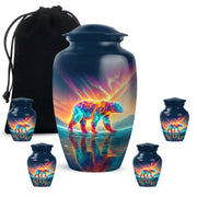 Sapphire Blue Bear Cremation Urn top-down view of secure threaded lid - traditional bear engraving with hand-polished finish - memorial set with one large and four small urns
