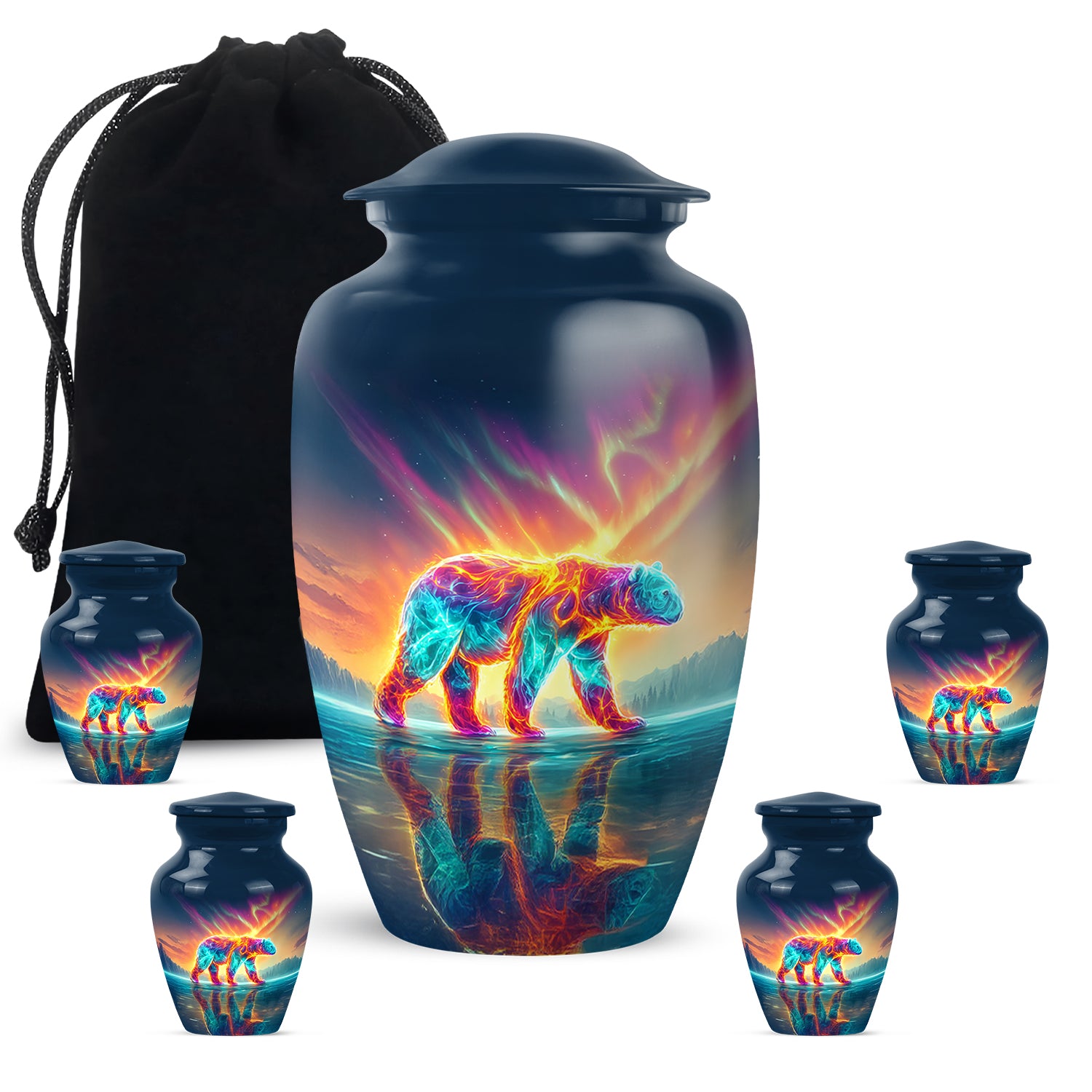 Sapphire Blue Bear Cremation Urn top-down view of secure threaded lid - traditional bear engraving with hand-polished finish - memorial set with one large and four small urns