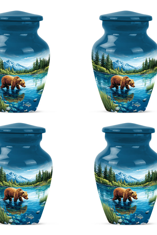 Serene Blue Bear Cremation Urn side profile showing urn shape - elegant classic bear relief with fine detailing - 10 inch aluminum urn for cremated remains