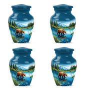 Serene Blue Bear Cremation Urn side profile showing urn shape - elegant classic bear relief with fine detailing - 10 inch aluminum urn for cremated remains