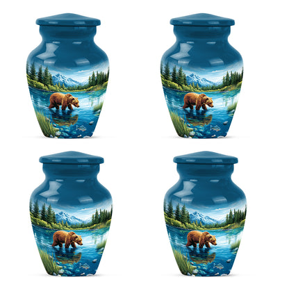 Serene Blue Bear Cremation Urn side profile showing urn shape - elegant classic bear relief with fine detailing - 10 inch aluminum urn for cremated remains