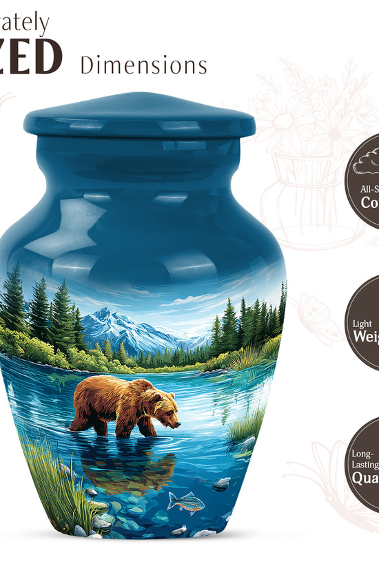 Royal Blue Bear Cremation Urn close-up of engraving and surface detail - traditional bear engraving with hand-polished finish - mini keepsake memorial for portion of cremation ashes