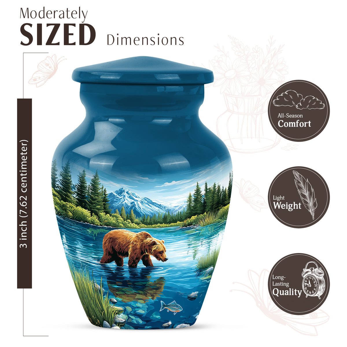 Royal Blue Bear Cremation Urn close-up of engraving and surface detail - traditional bear engraving with hand-polished finish - mini keepsake memorial for portion of cremation ashes