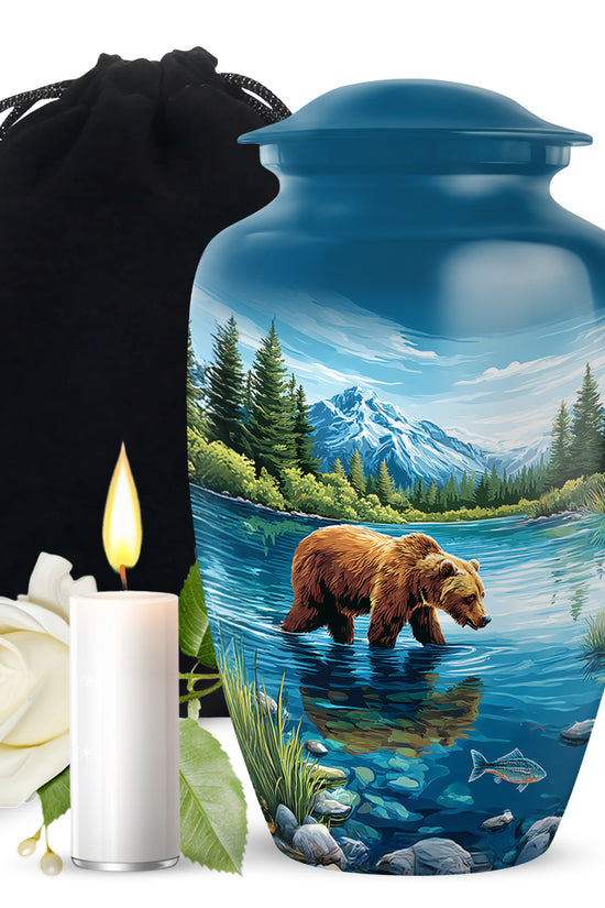 Navy Blue Bear Cremation Urn angled view of lid and engraved motif - classic sculpted bear pattern on smooth aluminum - full-size 10 inch 200 cubic inch adult cremation urn