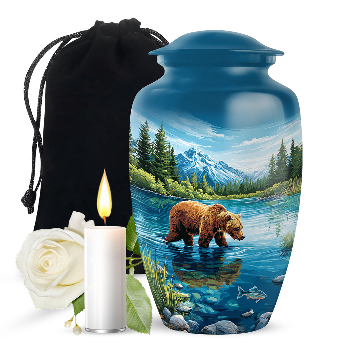 Navy Blue Bear Cremation Urn angled view of lid and engraved motif - classic sculpted bear pattern on smooth aluminum - full-size 10 inch 200 cubic inch adult cremation urn