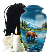 Navy Blue Bear Cremation Urn angled view of lid and engraved motif - classic sculpted bear pattern on smooth aluminum - full-size 10 inch 200 cubic inch adult cremation urn