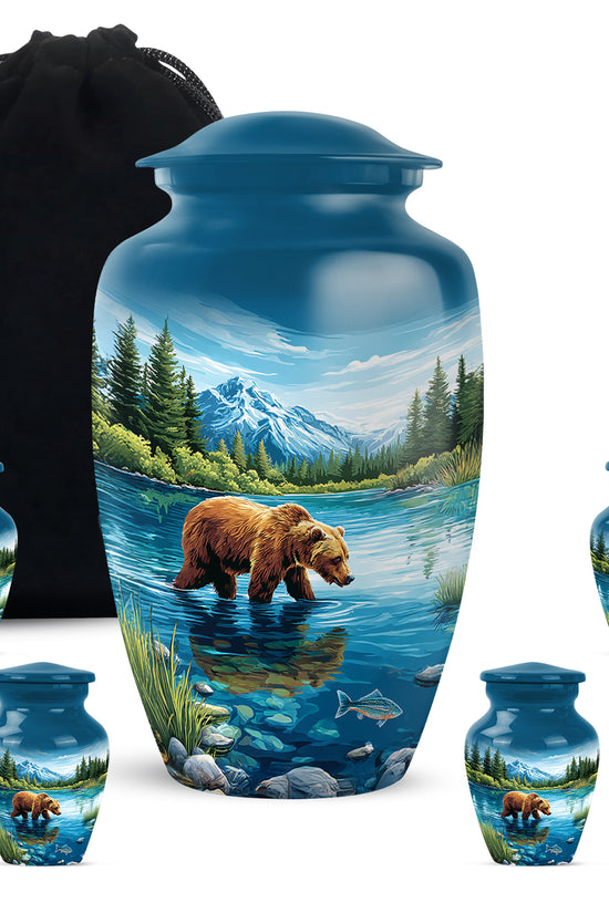 Bright Blue Bear Cremation Urn top-down view of secure threaded lid - traditional bear engraving with hand-polished finish - memorial set with one large and four small urns