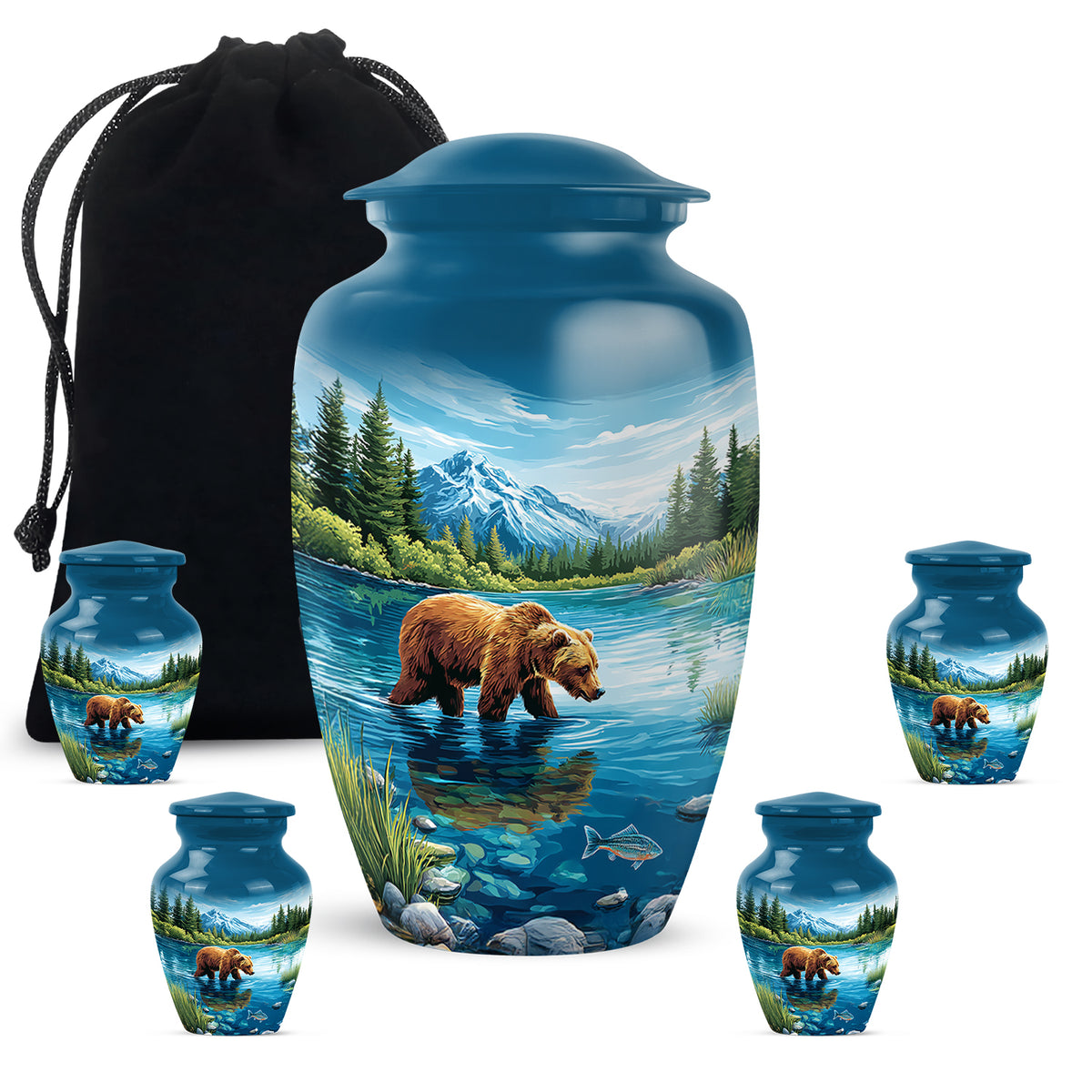 Bright Blue Bear Cremation Urn top-down view of secure threaded lid - traditional bear engraving with hand-polished finish - memorial set with one large and four small urns