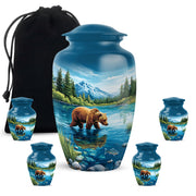 Bright Blue Bear Cremation Urn top-down view of secure threaded lid - traditional bear engraving with hand-polished finish - memorial set with one large and four small urns