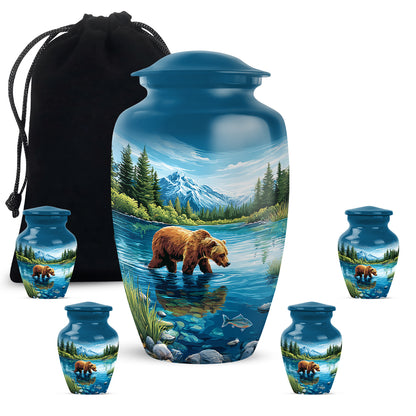 Bright Blue Bear Cremation Urn top-down view of secure threaded lid - traditional bear engraving with hand-polished finish - memorial set with one large and four small urns