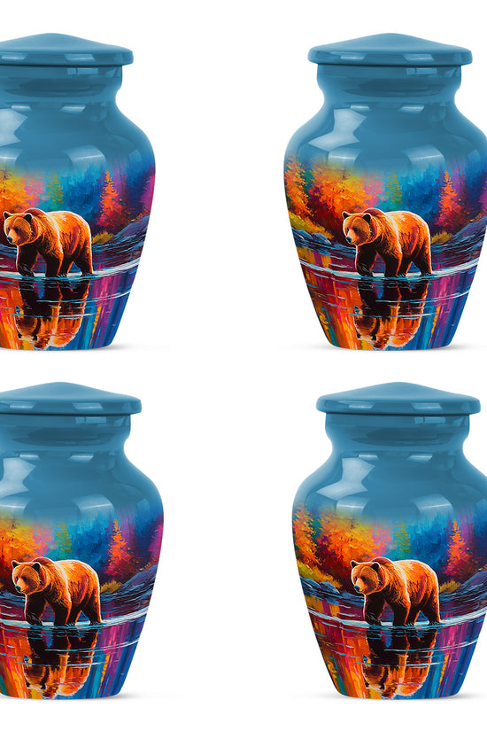 Sapphire Blue Bear Cremation Urn side profile showing urn shape - traditional bear engraving with hand-polished finish - 10 inch aluminum urn for cremated remains