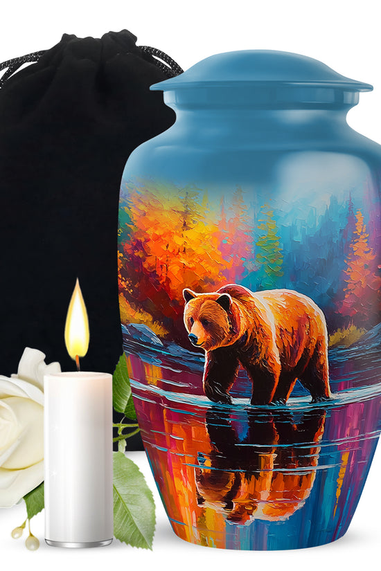 Dusty Blue Bear Cremation Urn angled view of lid and engraved motif - timeless bear motif etched into premium metal - full-size 10 inch 200 cubic inch adult cremation urn