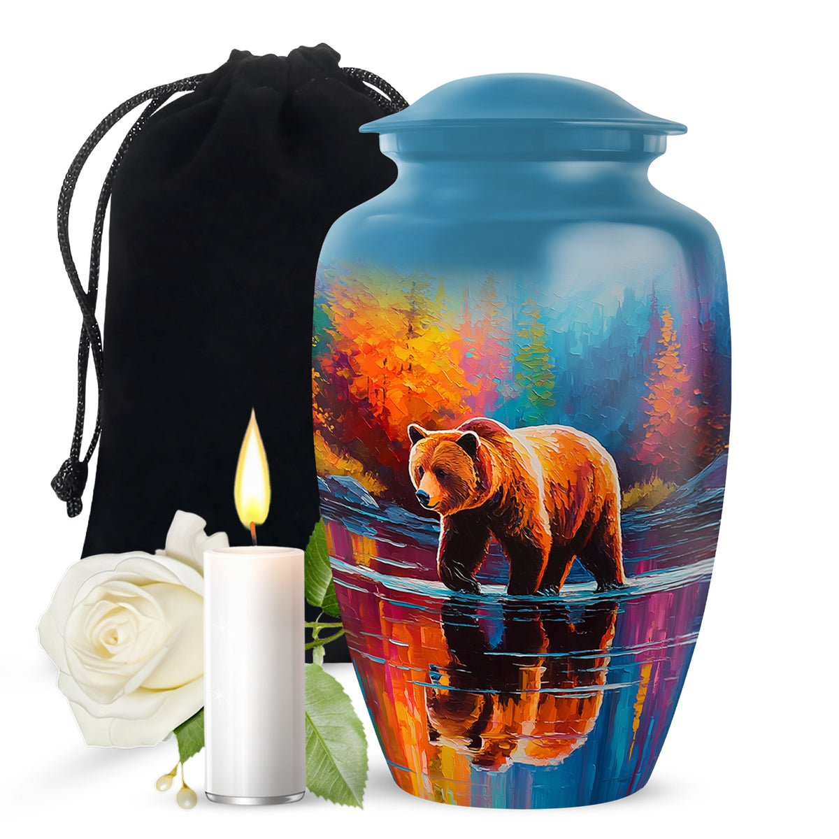 Dusty Blue Bear Cremation Urn angled view of lid and engraved motif - timeless bear motif etched into premium metal - full-size 10 inch 200 cubic inch adult cremation urn