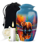 Dusty Blue Bear Cremation Urn angled view of lid and engraved motif - timeless bear motif etched into premium metal - full-size 10 inch 200 cubic inch adult cremation urn