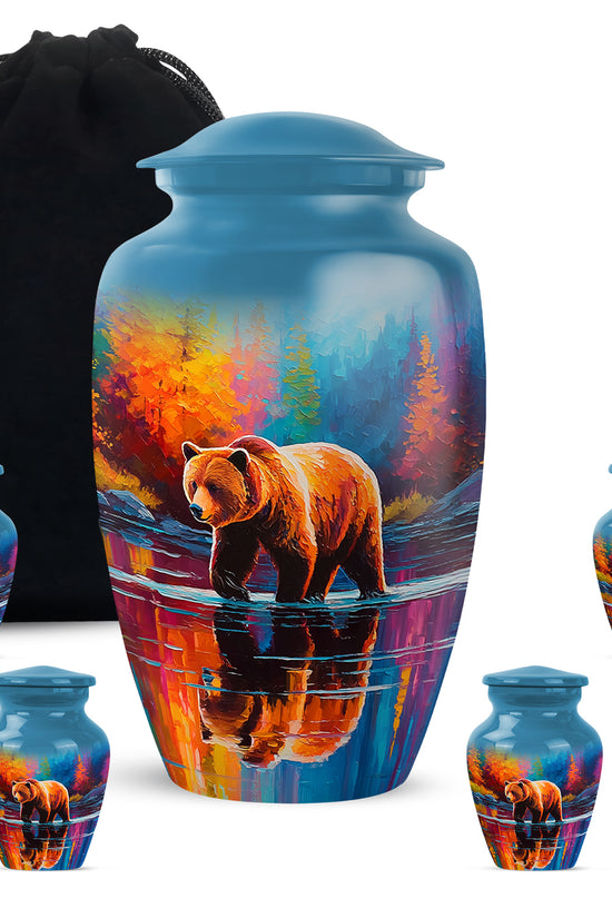 Vivid Blue Bear Cremation Urn top-down view of secure threaded lid - elegant classic bear relief with fine detailing - memorial set with one large and four small urns