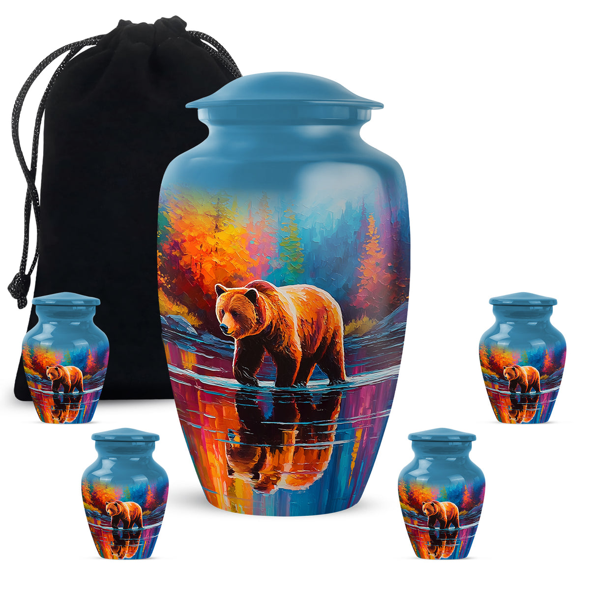 Vivid Blue Bear Cremation Urn top-down view of secure threaded lid - elegant classic bear relief with fine detailing - memorial set with one large and four small urns