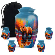 Vivid Blue Bear Cremation Urn top-down view of secure threaded lid - elegant classic bear relief with fine detailing - memorial set with one large and four small urns