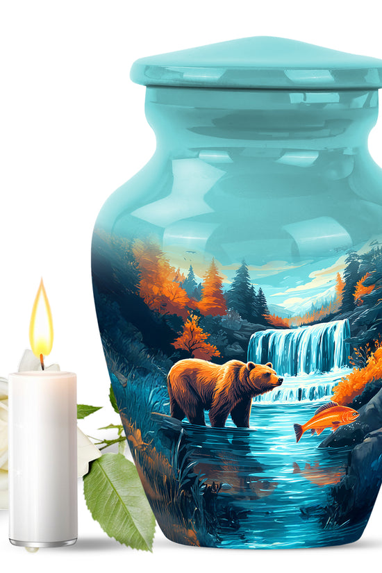 Teal Breathtaking Bear Memorial Urn for Ashes - 10-inch, 200 cu in - Yatskia