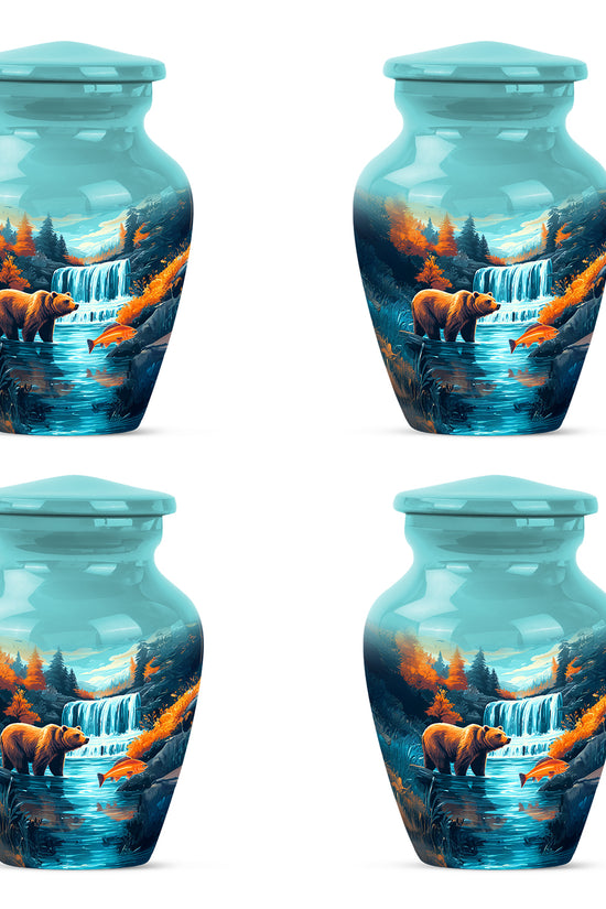 Deep Teal Bear Cremation Urn side profile showing urn shape - traditional bear engraving with hand-polished finish - 10 inch aluminum urn for cremated remains