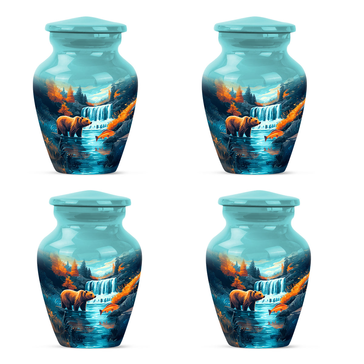 Deep Teal Bear Cremation Urn side profile showing urn shape - traditional bear engraving with hand-polished finish - 10 inch aluminum urn for cremated remains