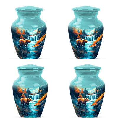 Deep Teal Bear Cremation Urn side profile showing urn shape - traditional bear engraving with hand-polished finish - 10 inch aluminum urn for cremated remains