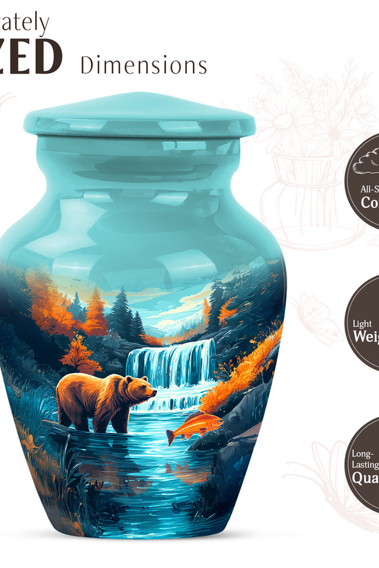Jewel Teal Bear Cremation Urn close-up of engraving and surface detail - classic sculpted bear pattern on smooth aluminum - mini keepsake memorial for portion of cremation ashes