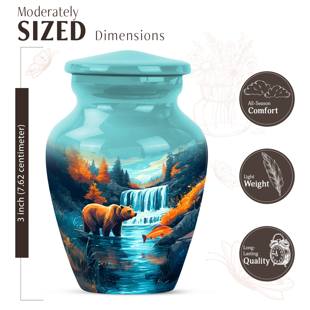 Jewel Teal Bear Cremation Urn close-up of engraving and surface detail - classic sculpted bear pattern on smooth aluminum - mini keepsake memorial for portion of cremation ashes
