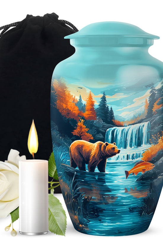 Tropical Teal Bear Cremation Urn angled view of lid and engraved motif - traditional bear engraving with hand-polished finish - full-size 10 inch 200 cubic inch adult cremation urn