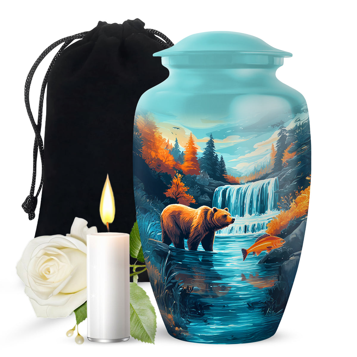 Tropical Teal Bear Cremation Urn angled view of lid and engraved motif - traditional bear engraving with hand-polished finish - full-size 10 inch 200 cubic inch adult cremation urn