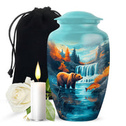 Tropical Teal Bear Cremation Urn angled view of lid and engraved motif - traditional bear engraving with hand-polished finish - full-size 10 inch 200 cubic inch adult cremation urn