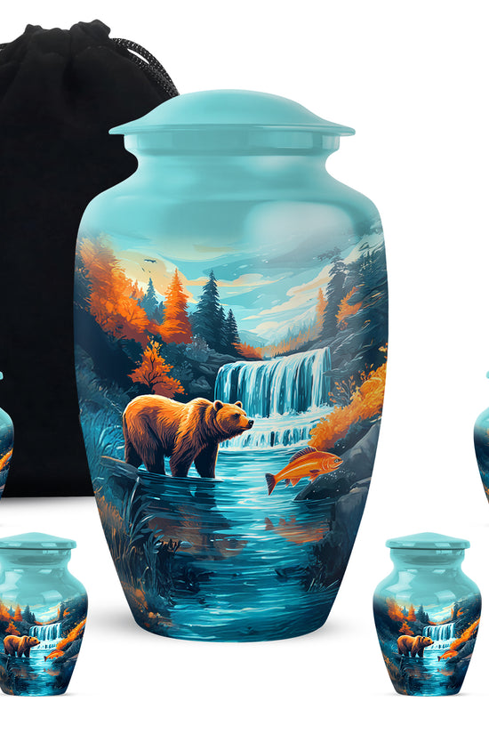 Aqua Teal Bear Cremation Urn top-down view of secure threaded lid - elegant classic bear relief with fine detailing - memorial set with one large and four small urns